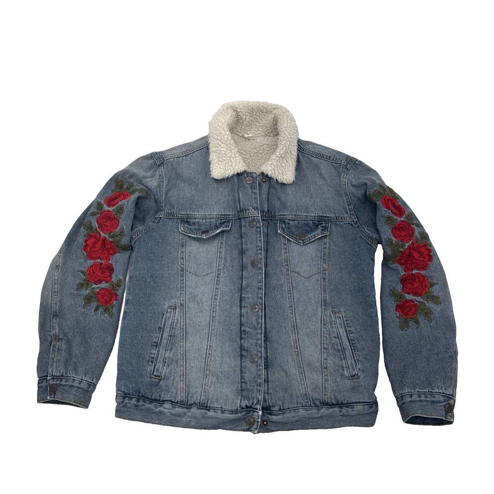 Tribal Roses Denim sherpa lined Blue jean jacket Women M‎ western Fairy Y2K boho